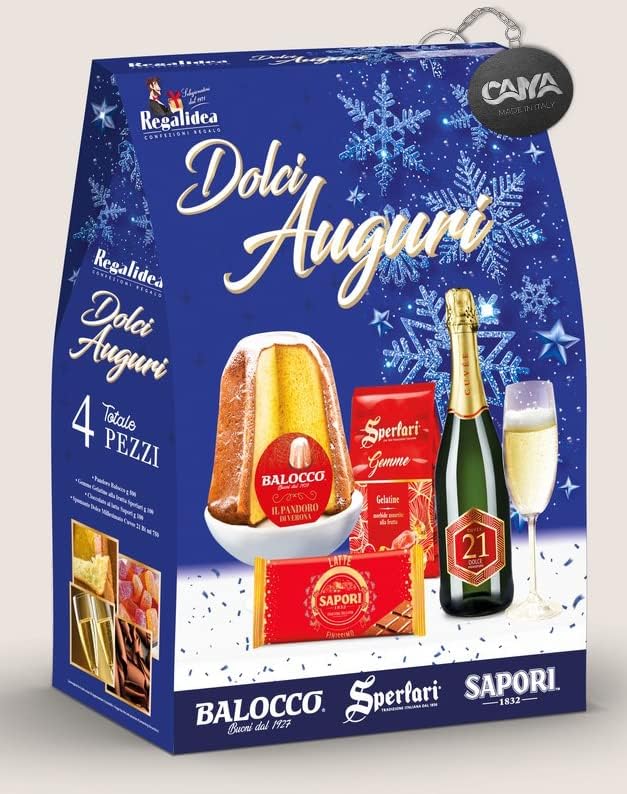 Regalidea, Strenna "Dolci Auguri" Blue Version con 4 pezzi: Pandoro, Gemme Gelatine alla Frutta, Tavoletta di Cioccolato e Spumante
