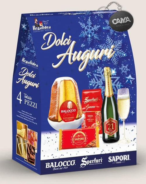 Regalidea, Strenna "Dolci Auguri" Blue Version con 4 pezzi: Pandoro, Gemme Gelatine alla Frutta, Tavoletta di Cioccolato e Spumante