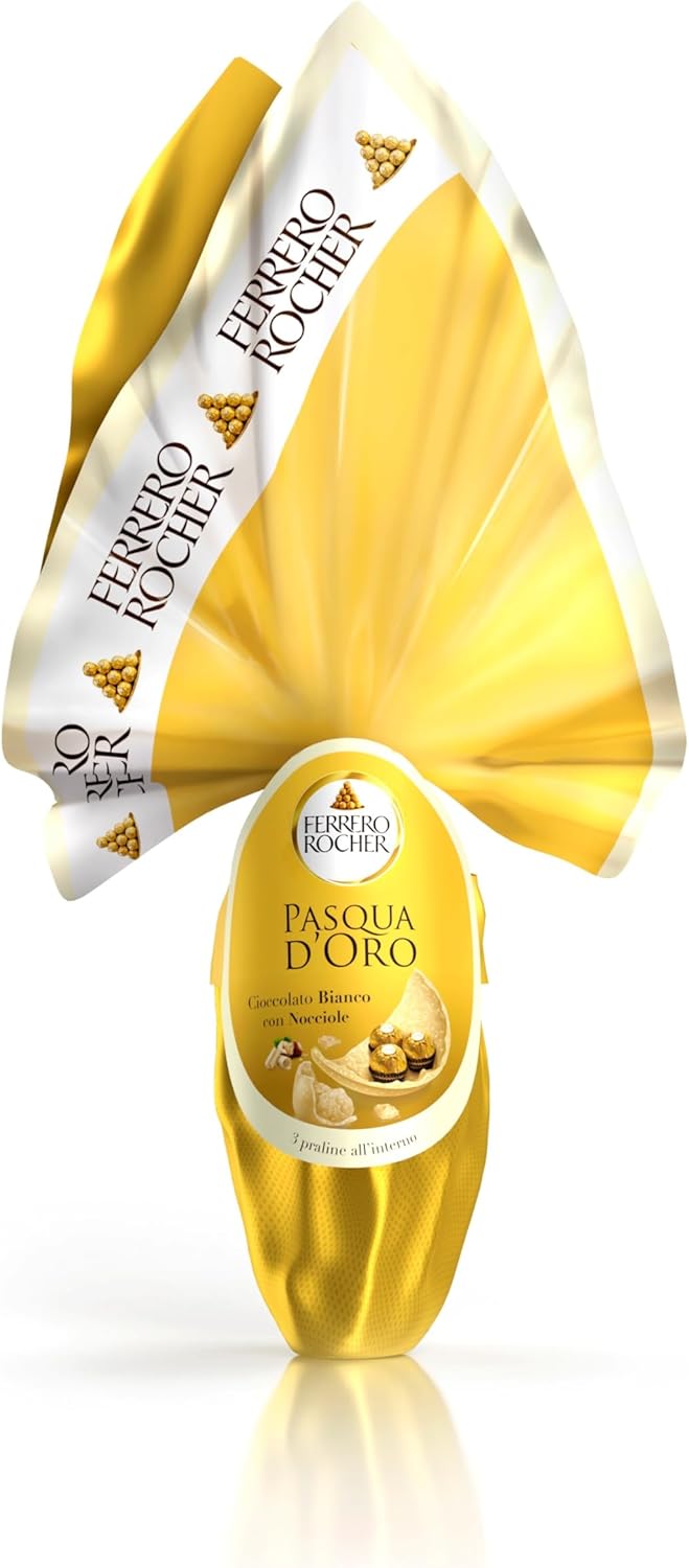 Ferrero Rocher - Uovo di Pasqua 2024 al Cioccolato Bianco con Granella di Nocciole, 3 Specialità Ferrero Rocher Incluse, Idea Regalo Pasqua, 212,5 Grammi