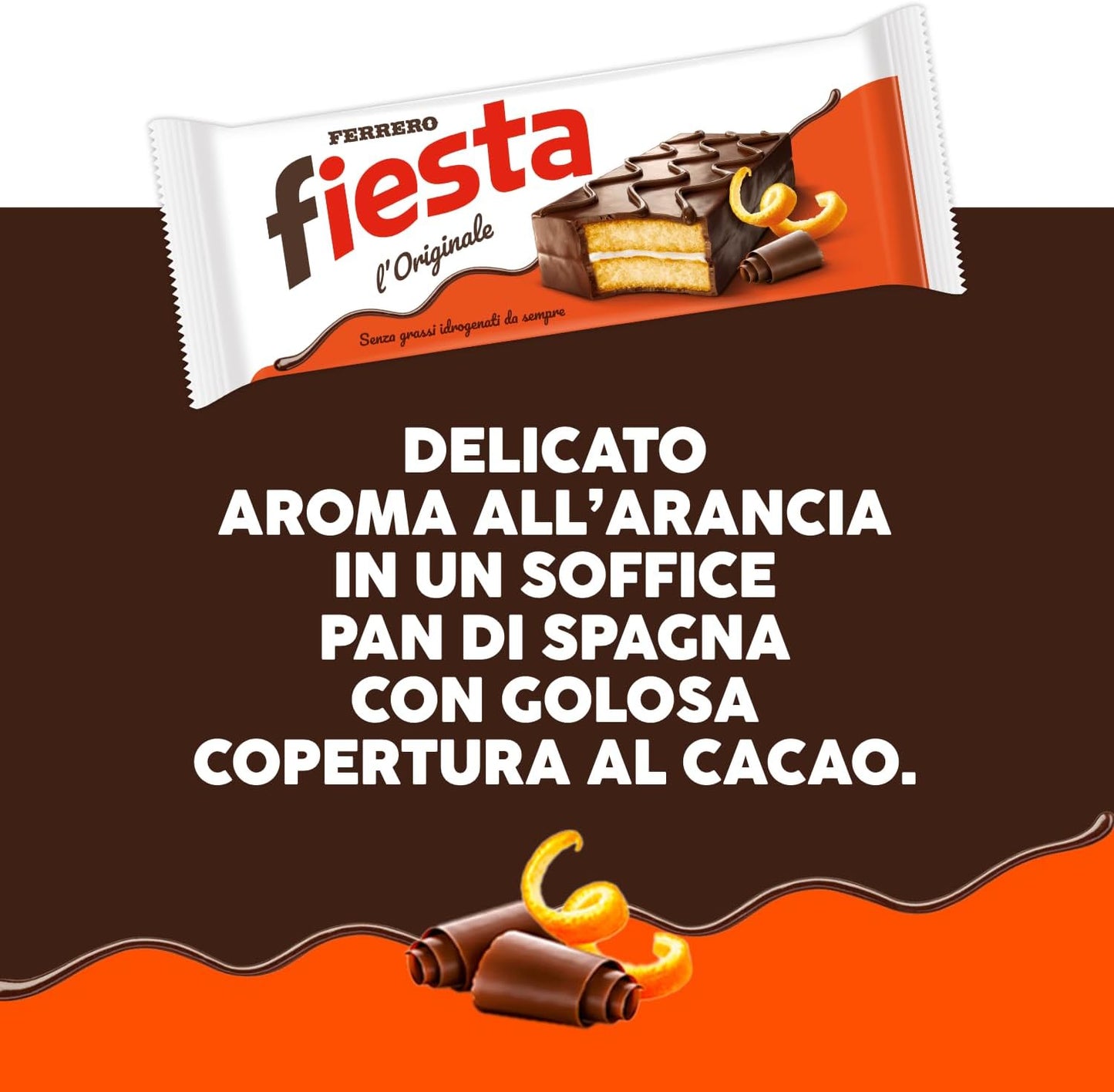 Ferrero Fiesta - 10 Merendine di Pan di Spagna Ricoperte di Cioccolato, Delicato Sapore di Arancia, Ottime a Colazione e Merenda, Confezione da 360 Grammi