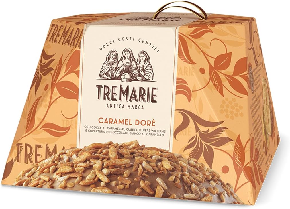 Tre Marie Caramel Dore Dorè Panettone Senza Uvetta e Canditi, con Pere Williams e Ricoperto di Cioccolato Bianco e Caramello 900g (2024)