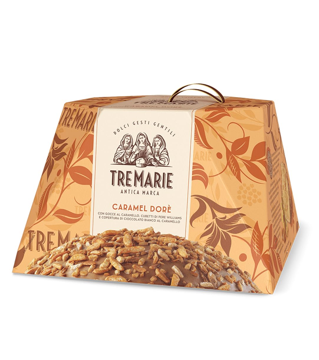 Tre Marie Caramel Dore Dorè Panettone Senza Uvetta e Canditi, con Pere Williams e Ricoperto di Cioccolato Bianco e Caramello 900g (2024)