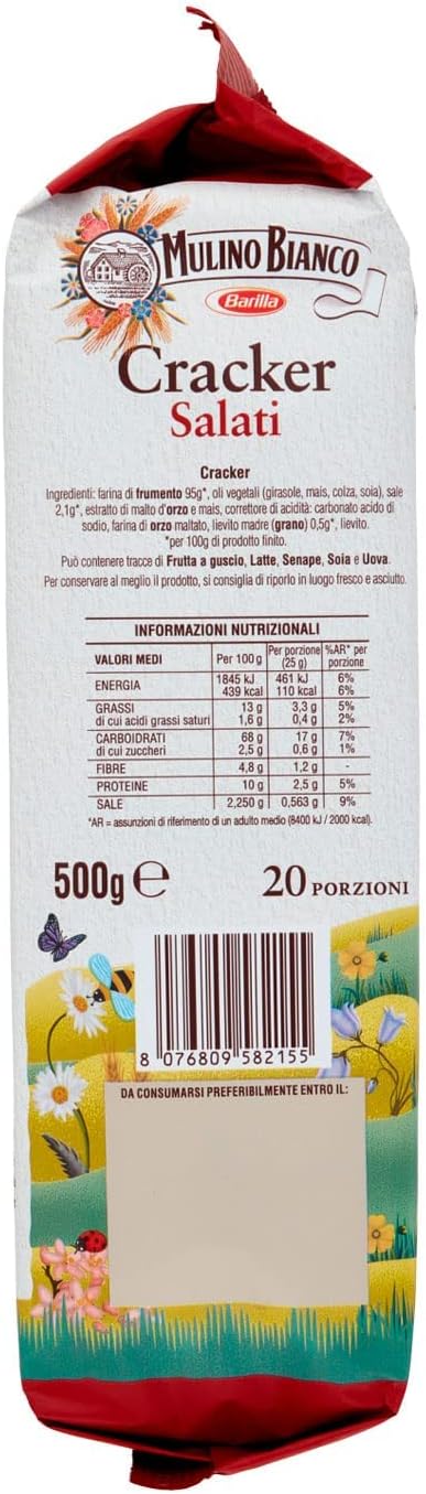 Mulino Bianco Cracker Salati con Lievitazione Naturale, Snack Salato per la Merenda, Senza Olio di Palma, 500 g