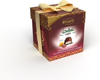 WITOR'S - Dubai Cubotto - Cioccolatini Ripieni Assortiti - Praline di Cioccolato Finissimo e Kadayif - Snack Dolci di Cioccolato Fondente Extra - Cubo da 150 gr (Datteri e Cocco)