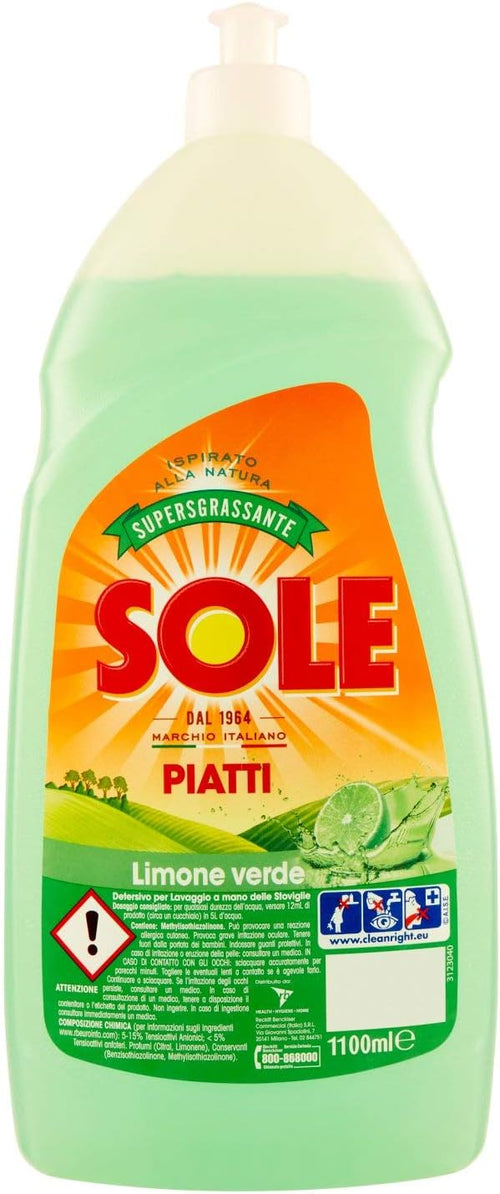 Sole Detersivo Per Piatti, Azione Sciogligrasso, Supergrassante Con Limone Verde, 1100 Millilitro