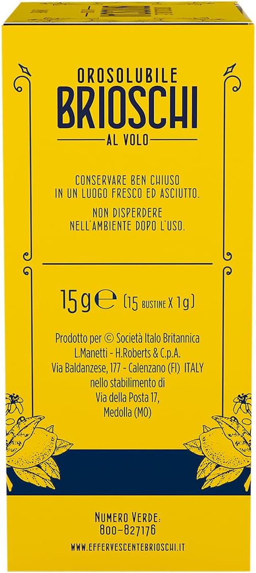 Orosolubile Brioschi al volo Limone - 15 Bustine di granulato digestivo e effervescente, da usare senz'acqua - Allo squisito gusto di limone - per un sollievo gustoso ed istantaneo - 15g