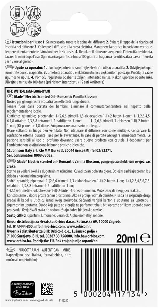 Glade Diffusore di Oli Essenziali Elettrico, Ricarica, Profumatore per Ambienti, Fragranza Romantic Vanilla Blossom, Confezione da 1 Ricarica, 20 ml