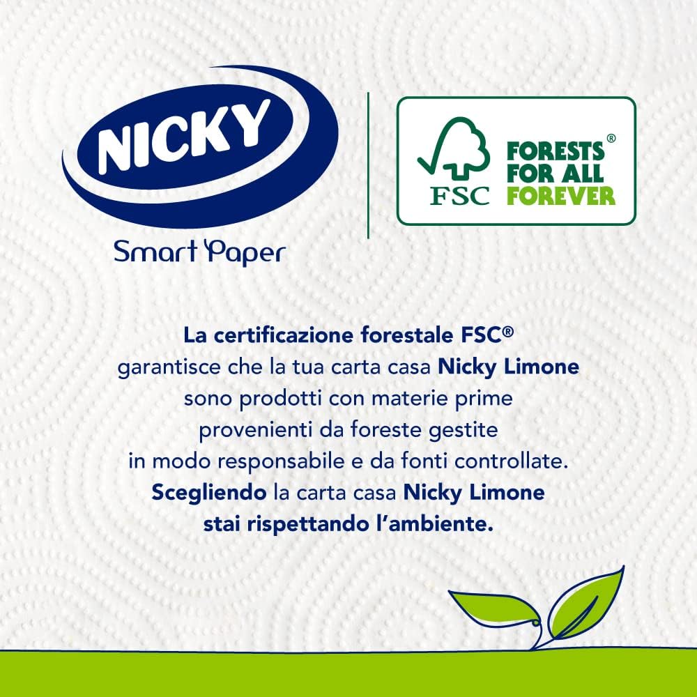 Nicky Limone Carta Cucina - 2 Rotoli da 100 Fogli Assorbenti a 2 Veli, Spessa e Resistente, Fresco Profumo di Limone, Carta 100% Certificata FSC®