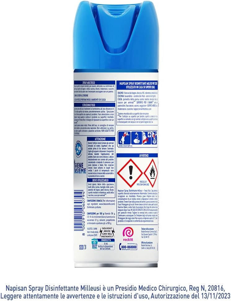 Napisan Spray Disinfettante Milleusi, Disinfettante Spray per Tessuti e Superfici, Fragranza Fresco Pulito, 1 Spray da 400ml