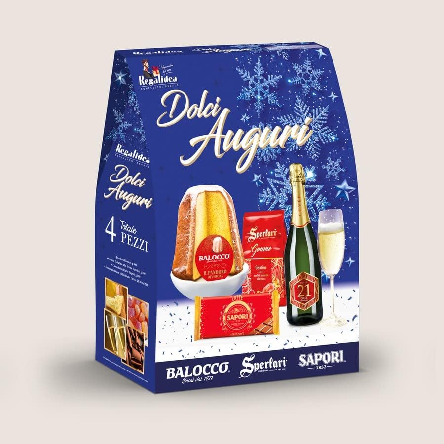 Regalidea, Strenna "Dolci Auguri" Blue Version con 4 pezzi: Pandoro, Gemme Gelatine alla Frutta, Tavoletta di Cioccolato e Spumante