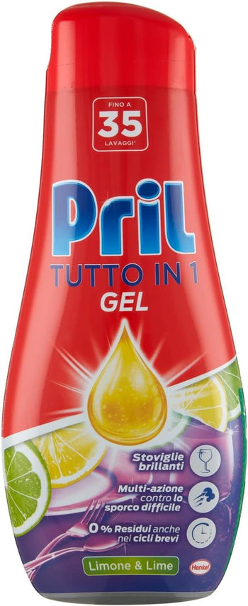 Pril Gel All in One Sciogli Grasso Detersivo Lavastoviglie Liquido Multi-Azione Sporco Difficile, Limone e Lime, Confezione da 35 lavaggi