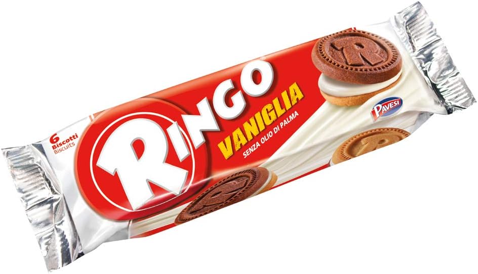 Pavesi Espositore Ringo Biscotti Farciti con Crema al Gusto Vaniglia per Colazione o Gustoso Snack, Senza Olio di Palma, 55 g