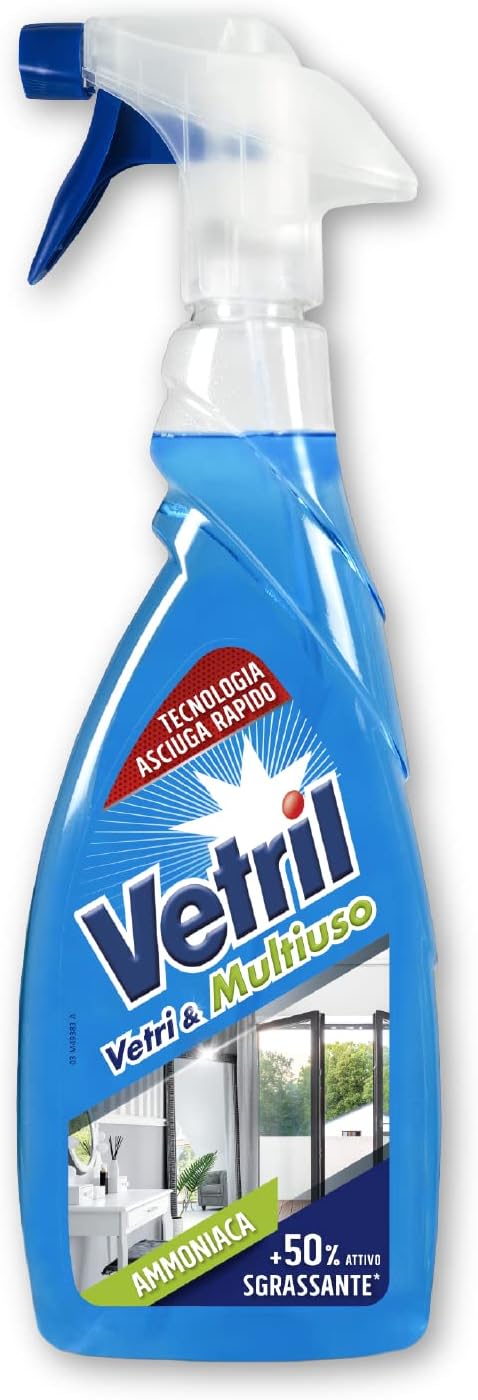 Vetril - Detergente Spray Vetri e Multiuso con Ammoniaca, Azione Sgrassante e Tecnologia Asciuga Rapido, in Ecoflacone, 650 ml x 12 pezzi