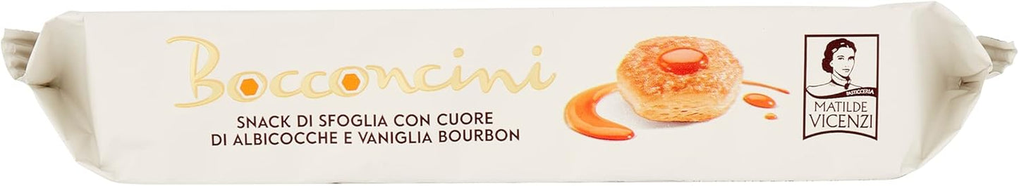 Matilde Vicenzi - Bocconcini di Pasta Sfoglia, Croccanti e Delicati, Snack Dolce di Raffinata Pasticceria Ripieno di Farcitura di Albicocche e Vaniglia Bourbon, Confezione da 90 gr