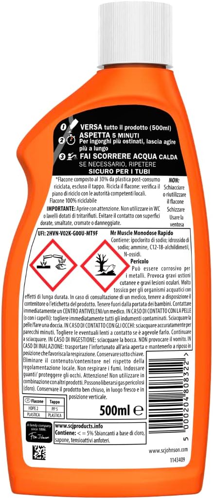 Mr Muscle Tubi e Scarichi Gel, Stura lavandini e Scarichi, Disgorgante, SICURO PER I TUBI, Monodose, 1 Confezione da 500ml