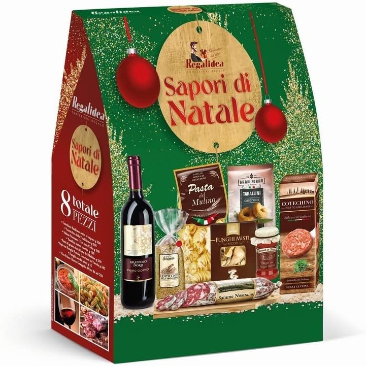 Regalidea Sapori di Natale 8 pz, Confezione Regalo Natale, Cesto Natalizio: Cotechino 250g, Lenticchie 150g, Salame 100g, Taralli 100g, Pasta 250g, Sugo 185g, Funghi 15g, Vino 750 ml