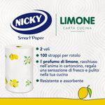 Nicky Limone Carta Cucina - 2 Rotoli da 100 Fogli Assorbenti a 2 Veli, Spessa e Resistente, Fresco Profumo di Limone, Carta 100% Certificata FSC®