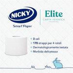 Nicky Elite - 4 Rotoli di Carta Igienica, 170 Soffici Fogli a 3 Veli, Morbida e Resistente a Contatto con la Pelle, Dermatologicamente Testata, Carta 100% Certificata FSC®