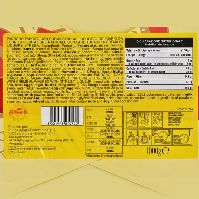 Strega Alberti Pandoro Soffice Farcito con Crema al Liquore Strega 1kg (2023)