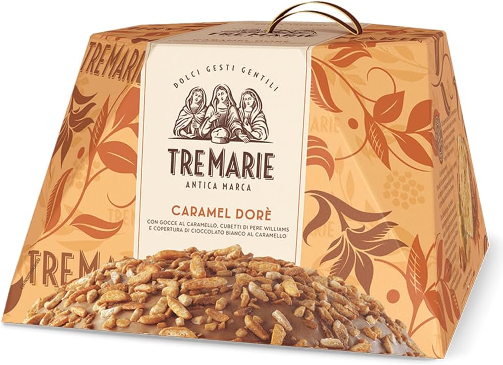 3X Tre Marie Caramel Dore Dorè Panettone Senza Uvetta e Canditi, con Pere Williams e Ricoperto di Cioccolato Bianco e Caramello 900g (2024)