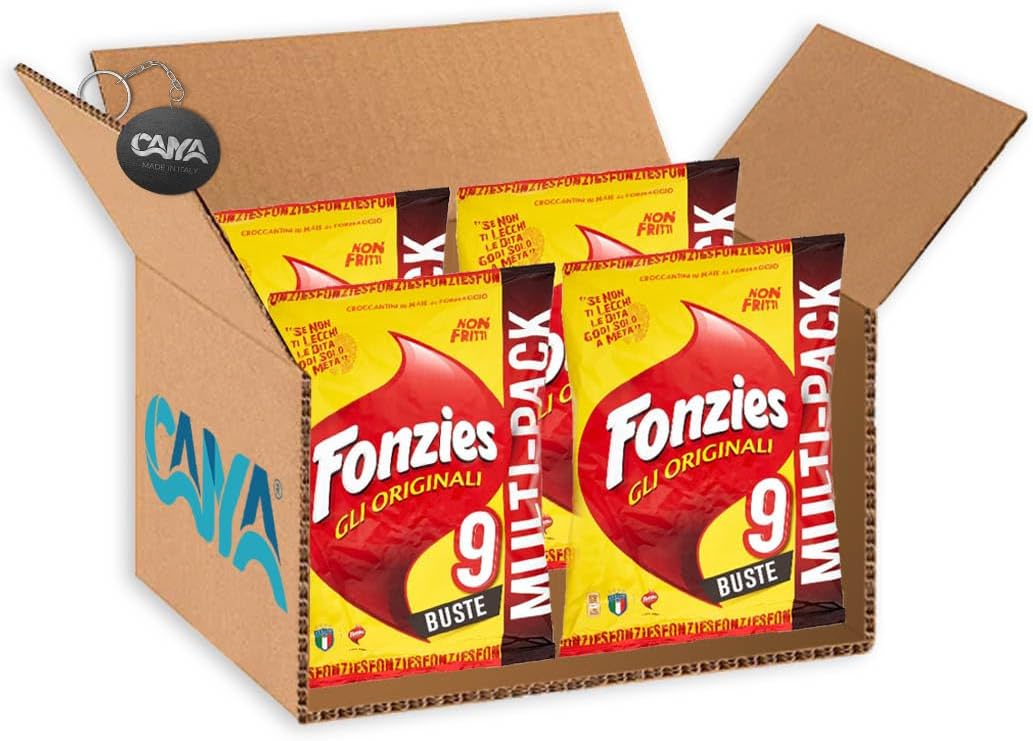 4X Fonzies Gli Originali Croccantini di Mais al Formaggio Cotti al Forno Multipack 9 Buste 211g [CAIYA® BOX da 4 Confezioni]