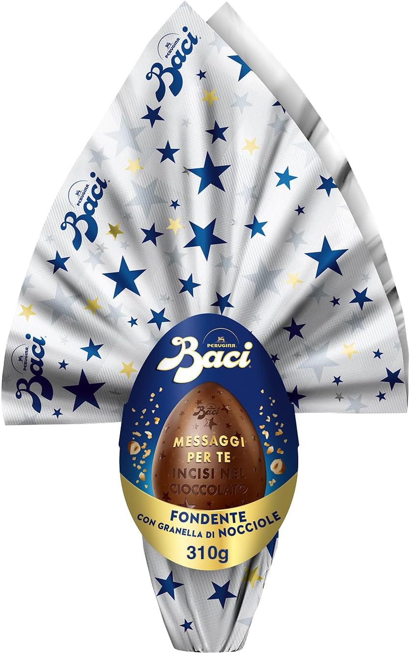 BACI PERUGINA Uovo di Pasqua 2025 Cioccolato Fondente Inciso con granella di Nocciole e 4 Cioccolatini 310g