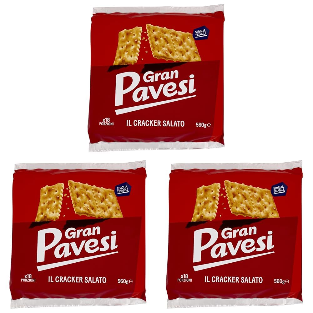 Gran Pavesi Cracker Salati I Classici con Grano 100% Italiano, Senza Olio di Palma, 18 Pacchetti, 560 g (Confezione da 3)