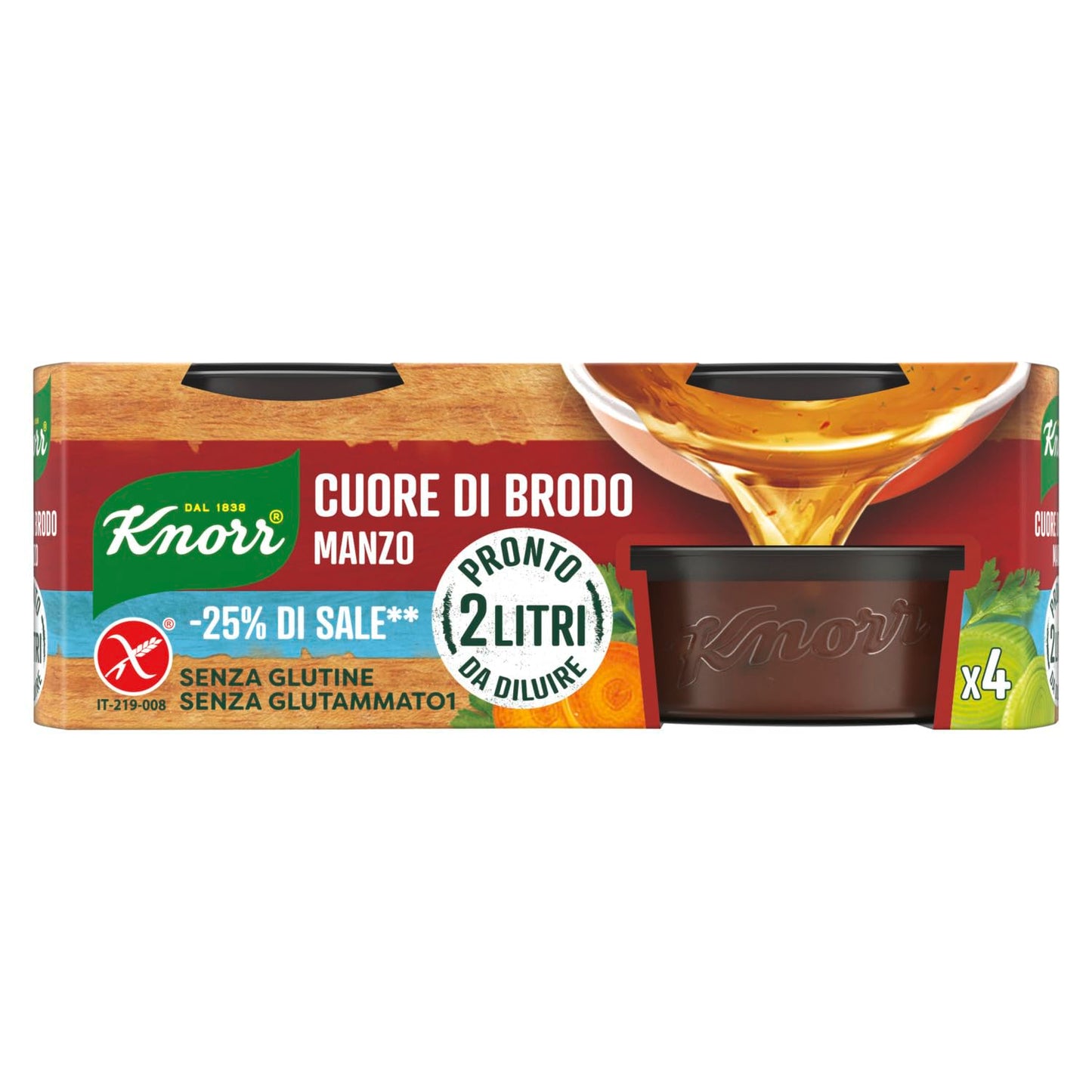 Knorr Cuore di Brodo Manzo, Brodo Pronto con -25% di Sale, Ingredienti Naturali e Verdure da Agricoltura Sostenibile, 4 Vaschette da 28g
