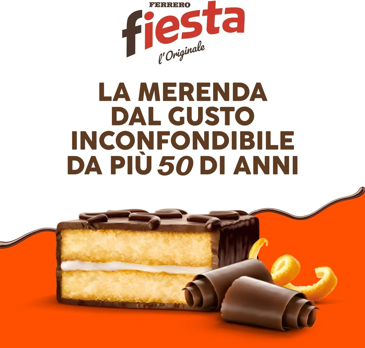 Ferrero Fiesta - 10 Merendine di Pan di Spagna Ricoperte di Cioccolato, Delicato Sapore di Arancia, Ottime a Colazione e Merenda, Confezione da 360 Grammi