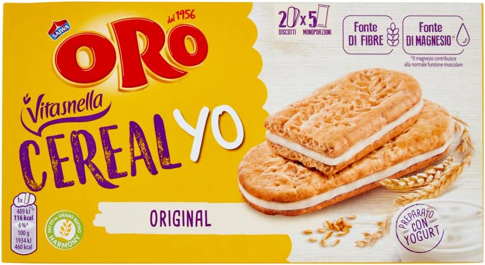 Oro Vitasnella, Cereal Yo Original, Biscotti con Ripieno Morbido di Yogurt Bianco, Fonte di Fibre e Magnesio, 253g (contiene 5 monoporzioni da 50,6g)