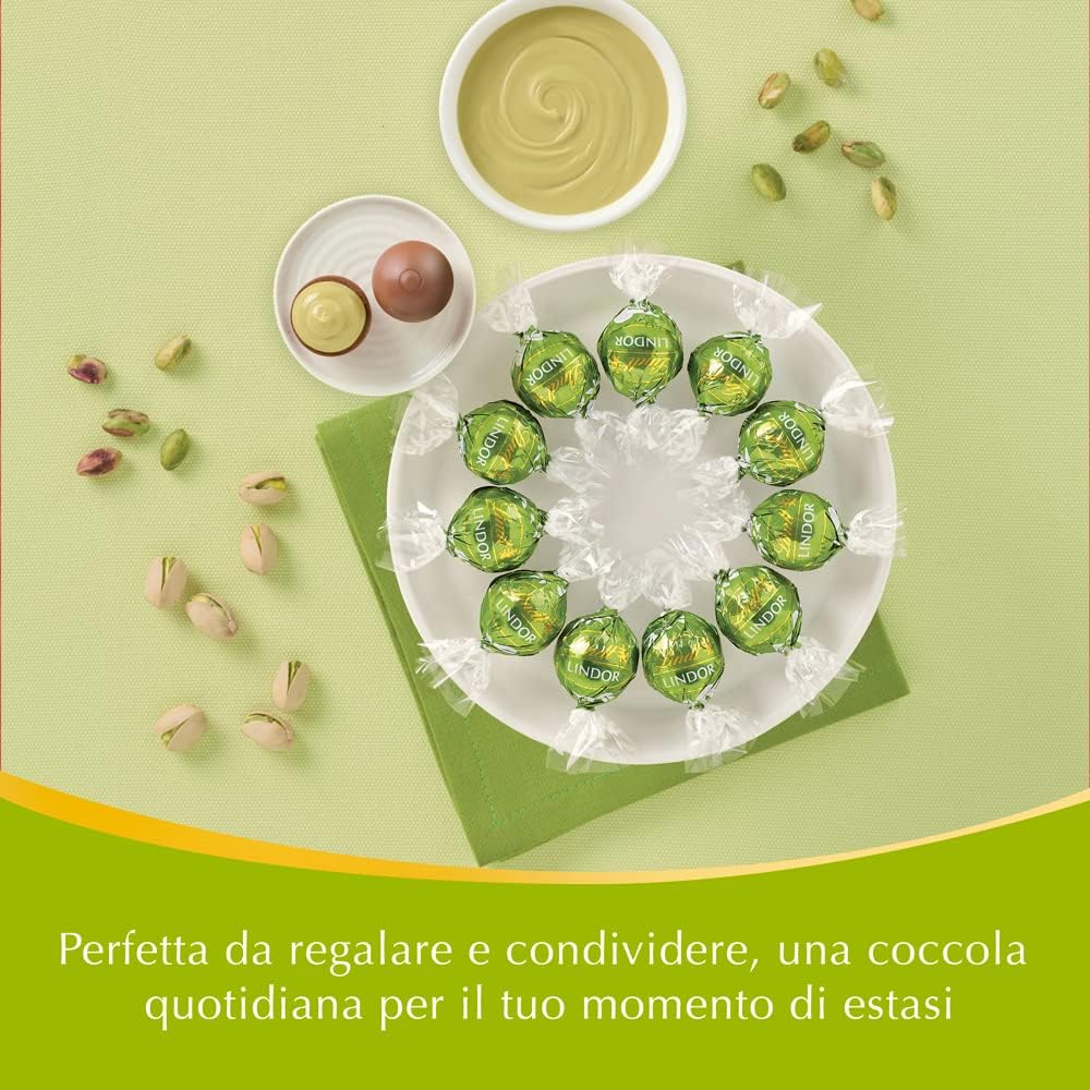 Lindt Lindor Praline di Cioccolato al Latte con Ripieno Pistacchio, 16 Cioccolatini al Pistacchio, Confezione da 200g