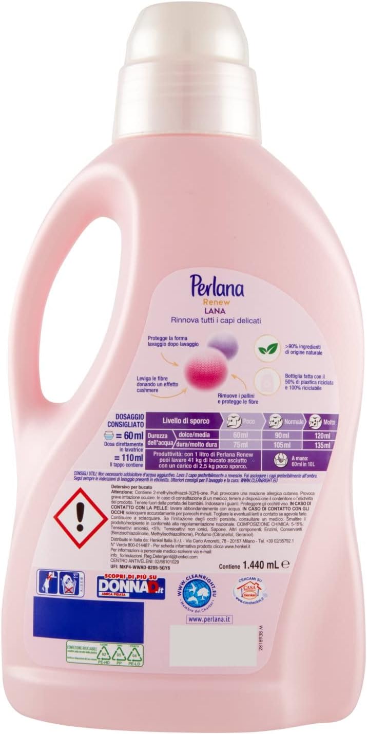 Perlana Renew Lana Rosa, Detersivo Lavatrice per capi colorati, effetto cachmere, previene i pallini, confezione singola da 24 lavaggi