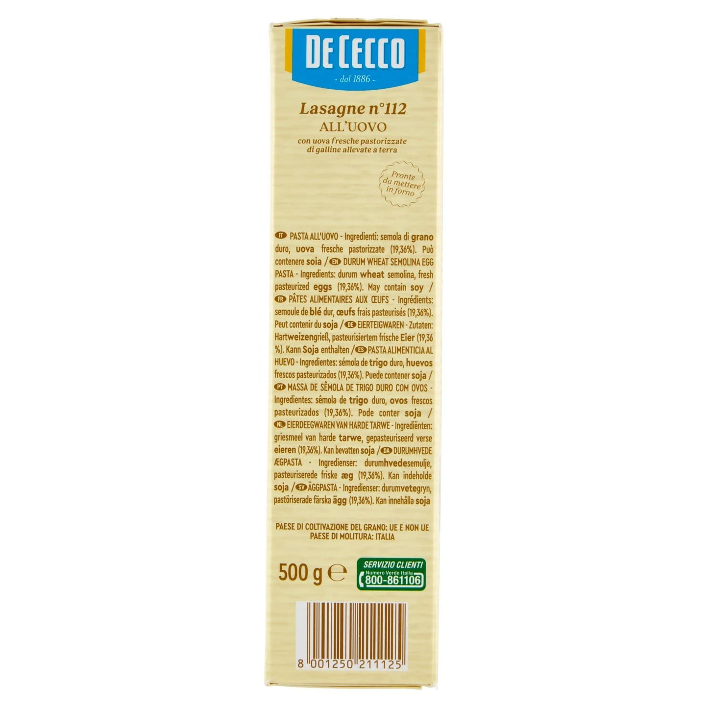 De Cecco Lasagna N°112 Timballo all'Uovo, 500g (Confezione da 8)
