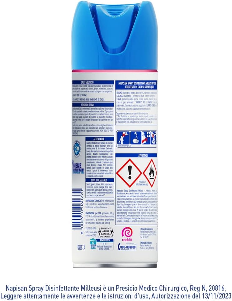 Napisan Spray Disinfettante Milleusi, per Tessuti e Superfici, Fragranza Profumo di Primavera, Spray da 400ml