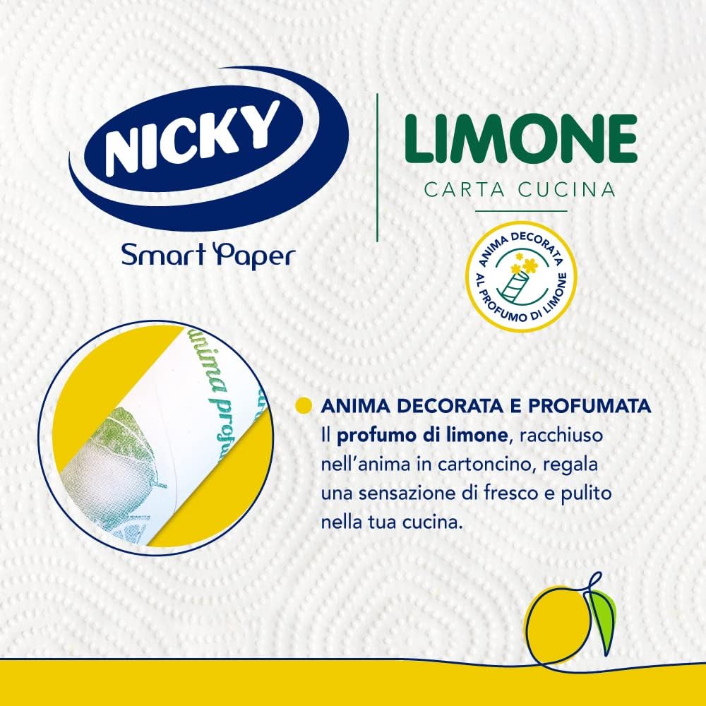 Nicky Limone Carta Cucina - 2 Rotoli da 100 Fogli Assorbenti a 2 Veli, Spessa e Resistente, Fresco Profumo di Limone, Carta 100% Certificata FSC®