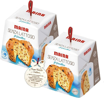 set 2 confezioni di Panettone Classico Maina Senza Lattosio da 750 gr + Pallina tag Augurale in legno personalizzabile per un natale originale e lactose free xmas