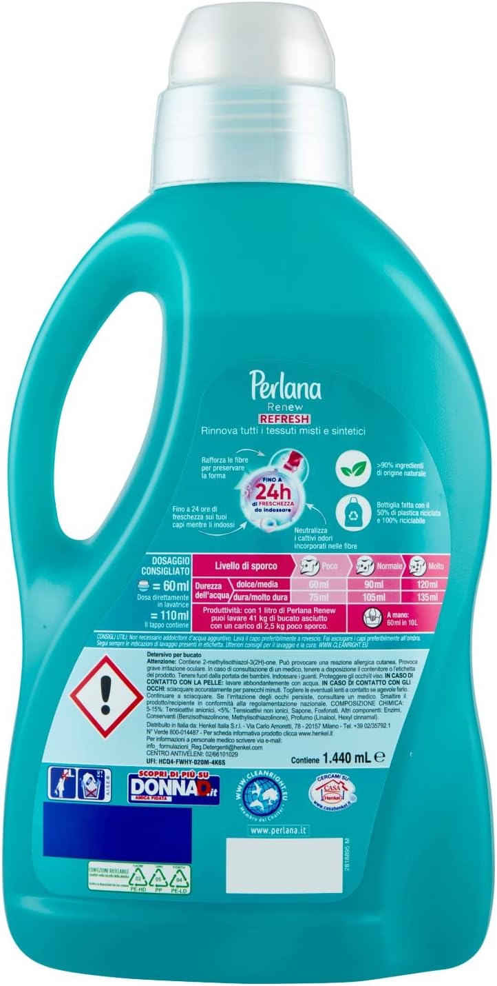 Perlana Renew Fresh, detersivo lavatrice, tessuti misti e sintetici, neutralizza odori, confezione singola da 24 lavaggi