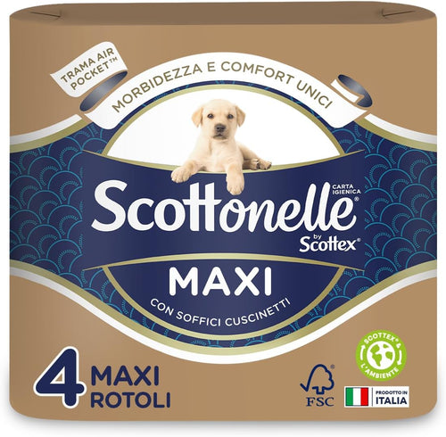 Scottonelle Carta Igienica, Morbida e Resistente, Con Estratti di Olio di Argan, Confezione Ecosostenibile in Carta, 4 Rotoli Maxi