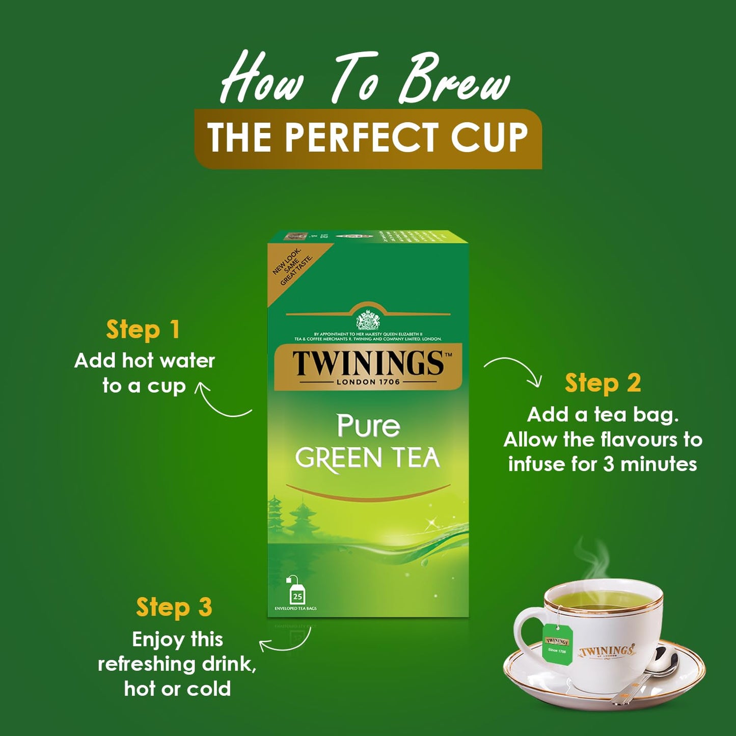 Twinings Pure Green Tea, 25 bustine di tè, tè verde, perfettamente bilanciato e rinfrescante, 50 g