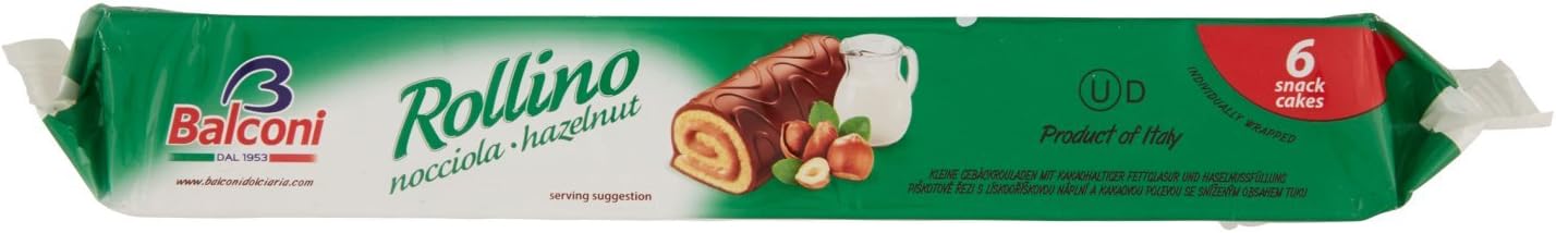 Balconi Rollino Nocciola - 222 gr, Confezione da 20 Pacchi da 6 Merendine