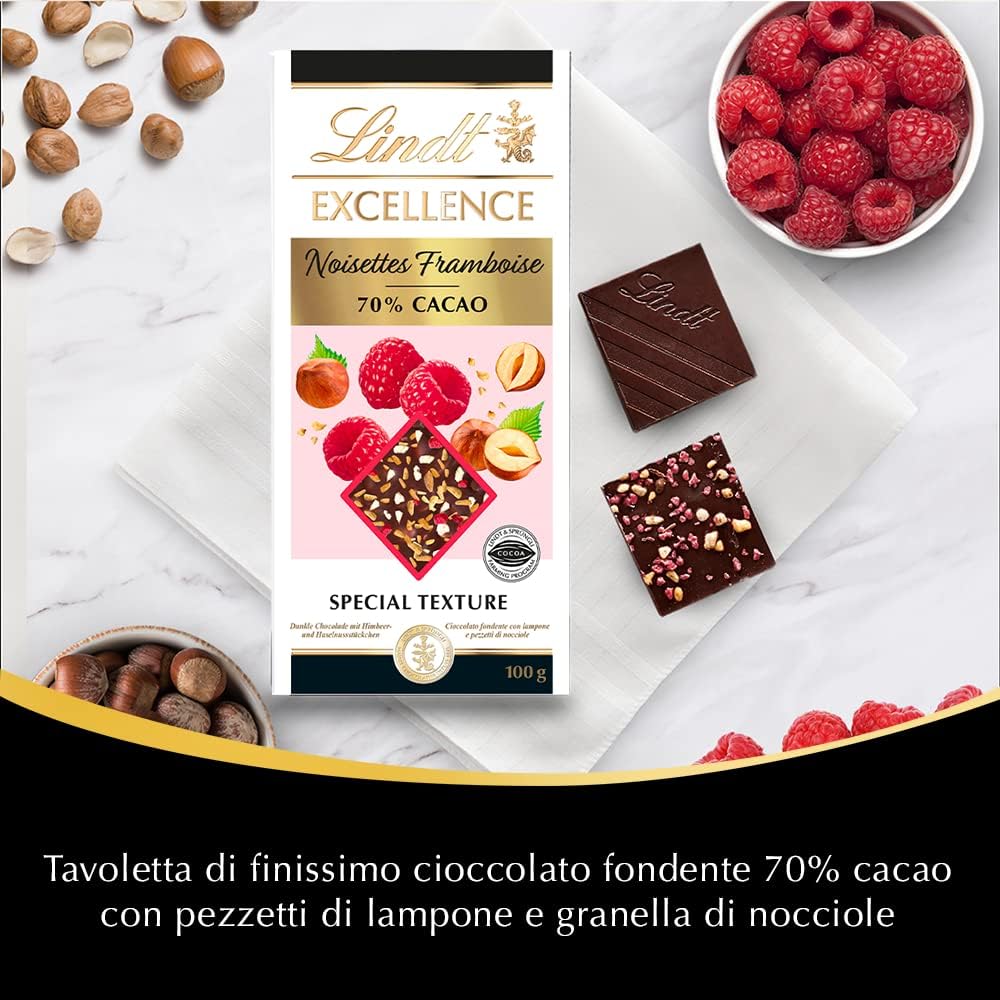 Lindt Excellence Passion Tavoletta di Cioccolato Fondente 70% cacao con Lampone e Nocciole, formato 100g