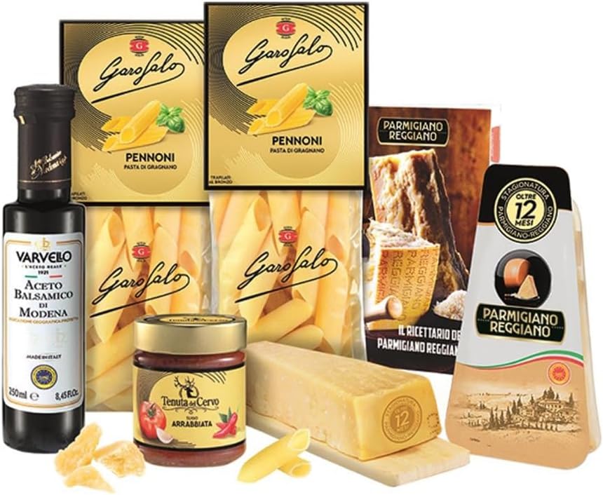 Le Cadeau Sapori d'Italia 2024 Confezione Regalo con 6 pezzi: Parmigiano Reggiano, Pasta Pennoni, Sugo, Aceto, Miniricettario Parmigiano