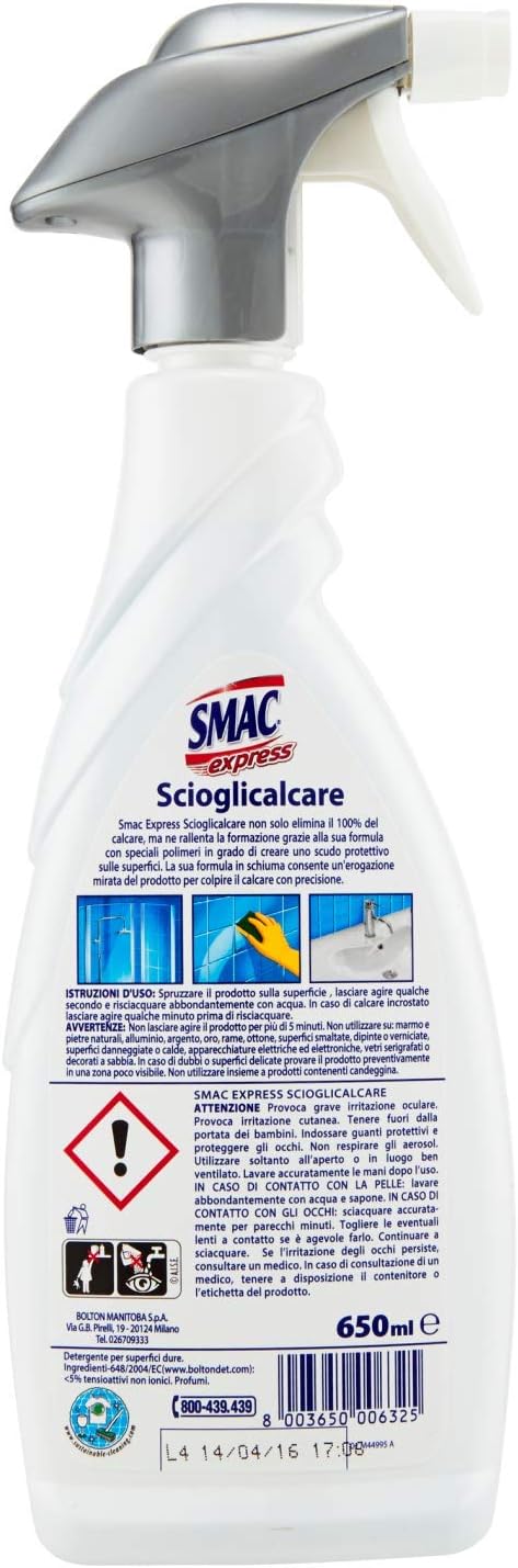 Smac Express - Scioglicalcare Igienizzante Spray, Detergente Anticalcare Bagno con Scudo Attivo, 650 ml