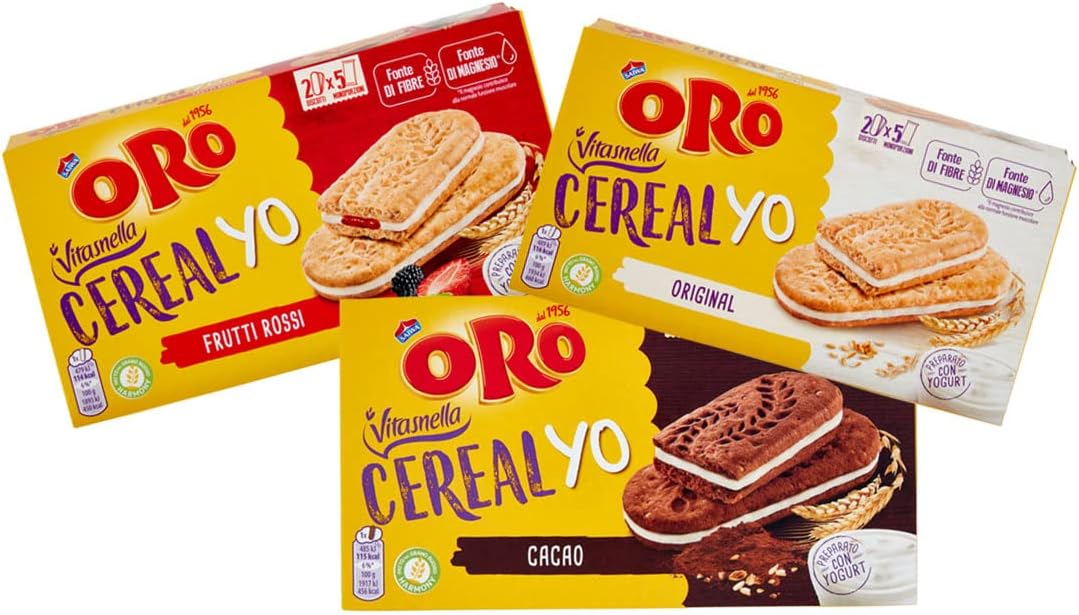 Mix Oro Saiwa Vitasnella Cereal Yo Original Cacao e Frutti Rossi Biscotti ai Cereali Integrali con Cremoso Yogurt 253g [3 Confezioni]