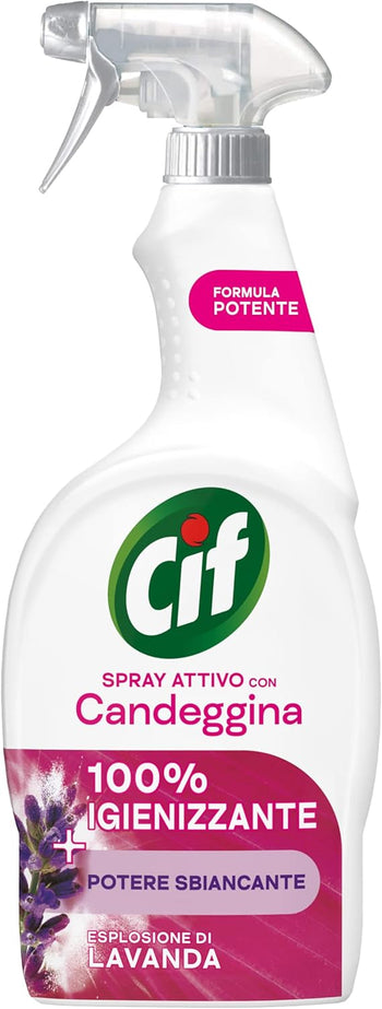 Cif Spray Attivo con Candeggina, Profumo Lavanda, 650 ml, per le Superfici di Tutta la Casa e Pretrattante sui Tessuti Bianchi*, Formula con Potere Sbiancante, Adatto per Aree Dove si Cucina