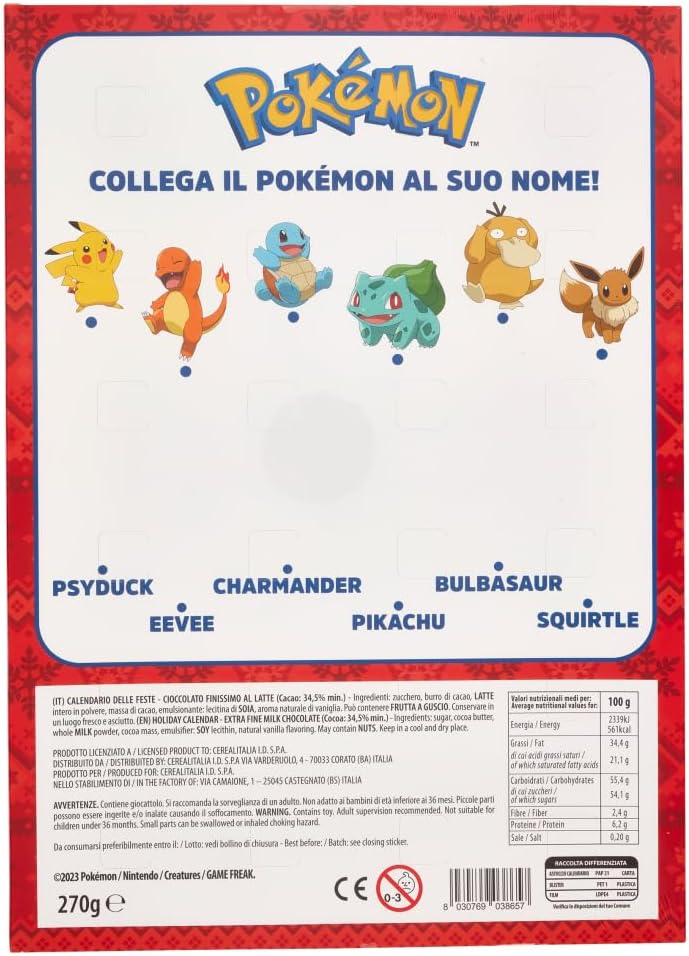 Dolci Preziosi Pokemon Calendario dell'Avvento 2023 con Cioccolato Finissimo al Latte 270g con Portachiavi CAIYA® [Singolo Calendario]