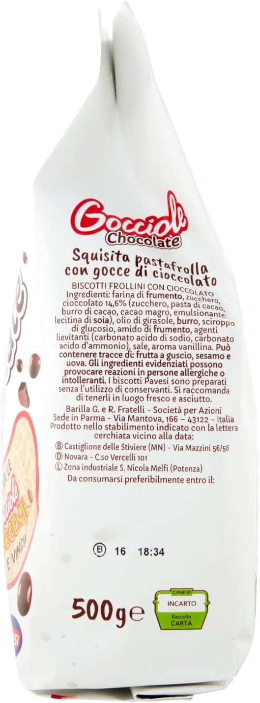 Pavesi: Biscotti "Gocciole al cioccolato" con gocce di cioccolato, senza olio di palma, 500 g, confezione da 2