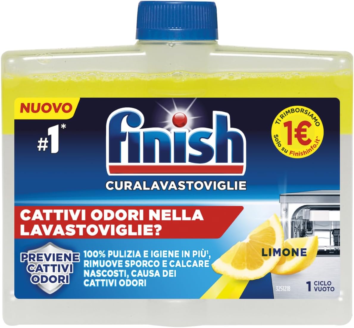 Finish Curalavastoviglie, Additivo Lavastoviglie, 1 Prodotto per Pulizia Lavastoviglie da 250 ml, Cura Lavastoviglie al Limone