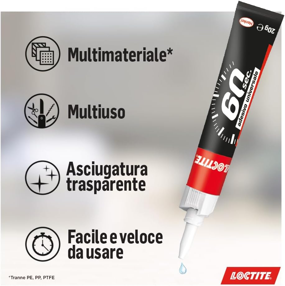 Loctite 60 Secondi Super Colla, Colla rapida per riparazioni domestiche in 60 secondi, colla liquida trasparente per molti materiali diversi, 1x20g tubetto