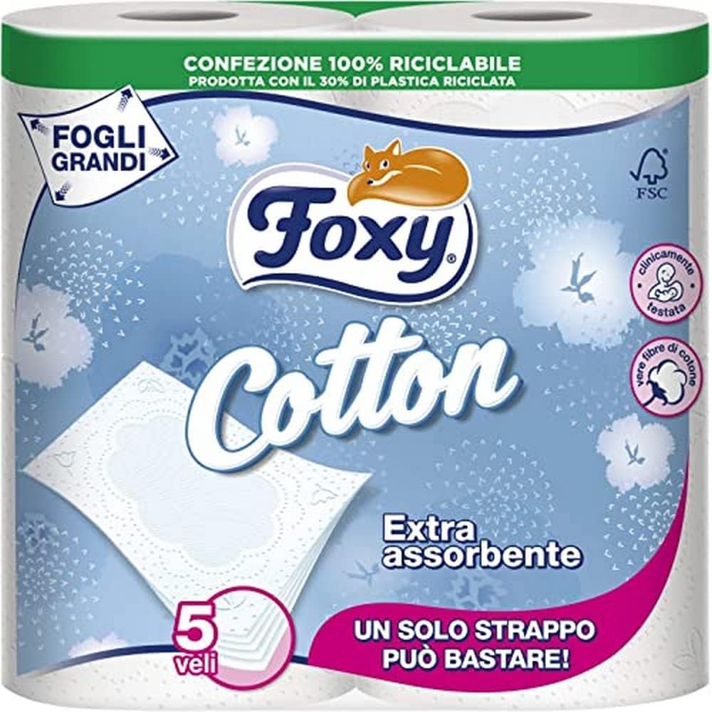 Foxy Cotton Carta Igienica 5 Veli, Bianco, 4 Rotoli